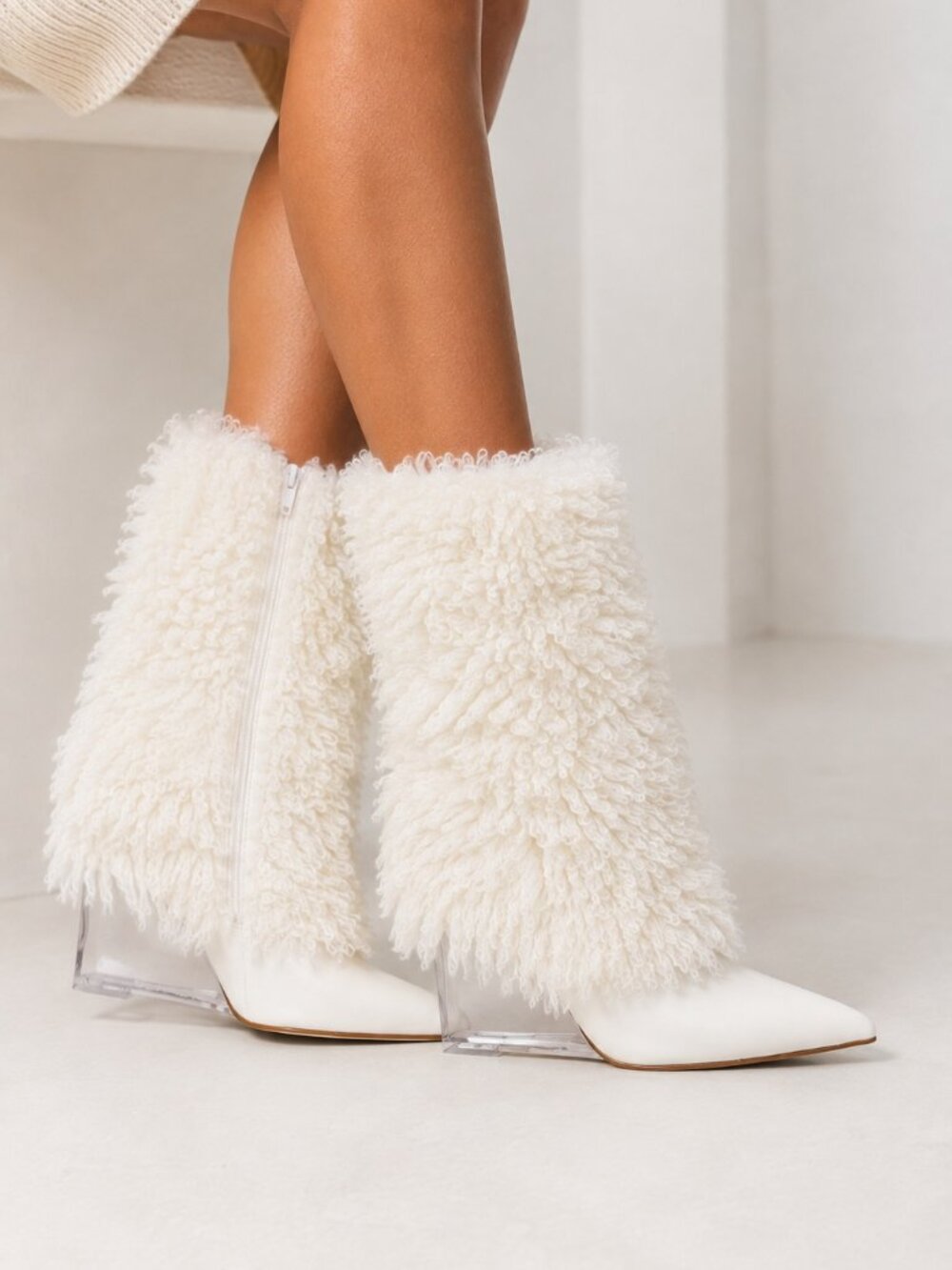 Women’s Shaggy Faux Fur Boots Pointed Toe Clear Wedge Heel Statement Boots